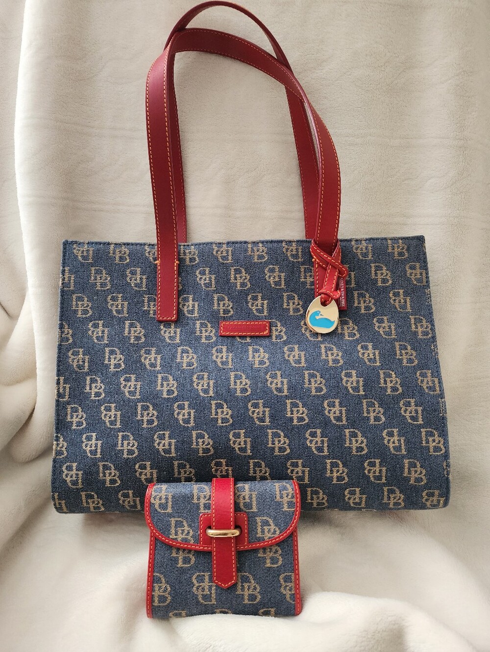 Dooney & Bourke VTG Denim Monogram Tote with Red Leather Trim w/ Matching Wallet